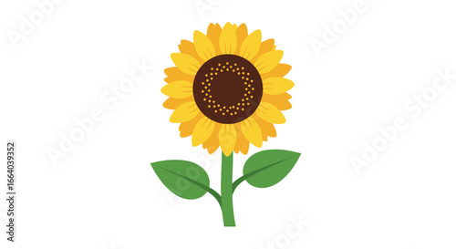 Cheerful sunflower illustration with bright yellow petals and verdant leaves on white backdrop