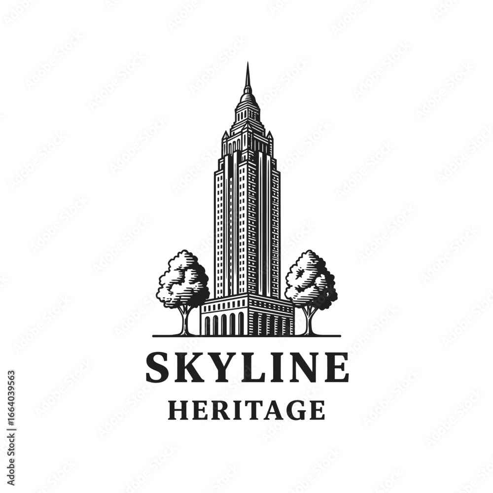 Fototapeta premium Black and white illustration of a majestic skyscraper with trees, representing skyline heritage.