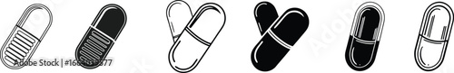 Diverse Capsule Pill Illustrations Depicting Medication and Pharmaceutical Concepts in Black and White.