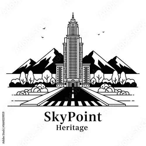 Black and white illustration of a majestic skyscraper in a mountainous city.  Sky Point Heritage.