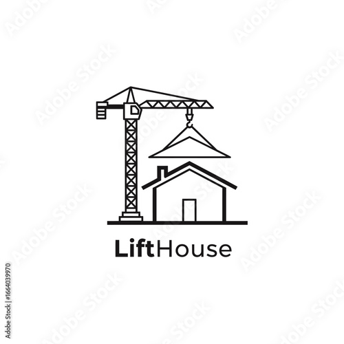 A simple logo depicting a crane lifting a house roof. Represents construction and home building.