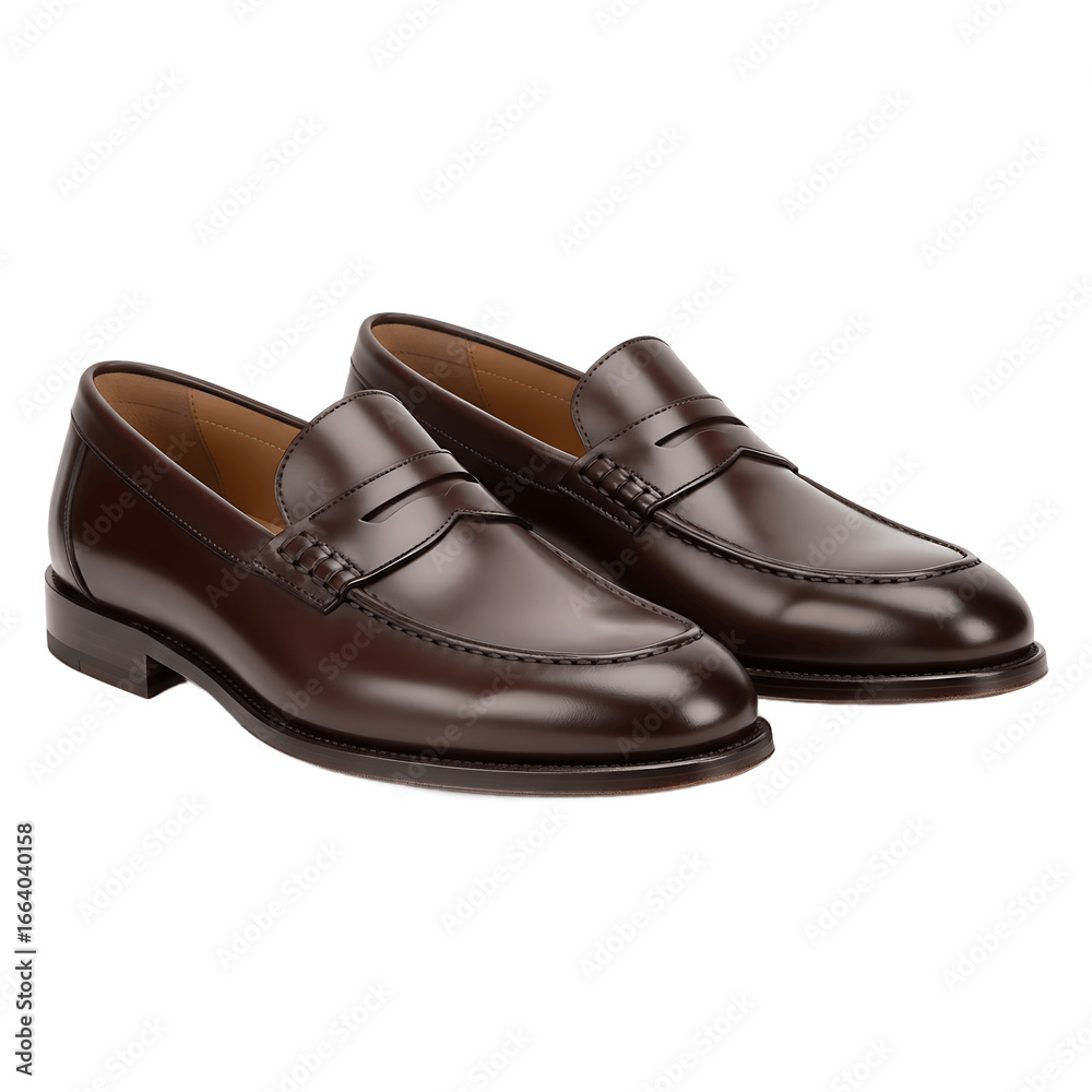 Two polished brown leather penny loafers displayed on a green background Two polished brown leather penny loafers displayed on a green background