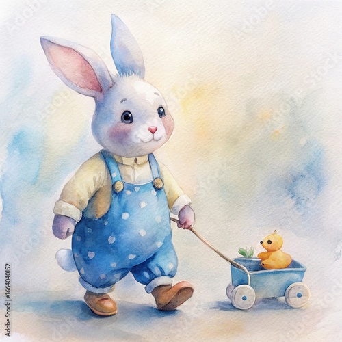 A cute watercolor illustration of a baby bunny wearing blue overalls, pulling a small wagon with a yellow duckling inside, on a soft, pastel background