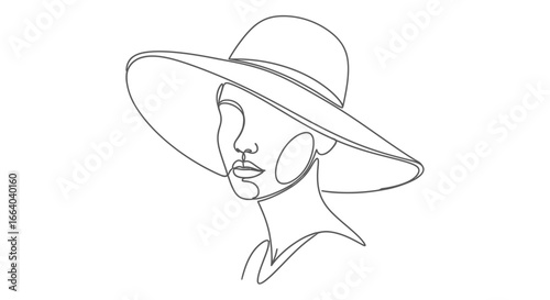 Elegant linear portrait of a woman in a wide-brimmed hat evoking minimalist sophistication