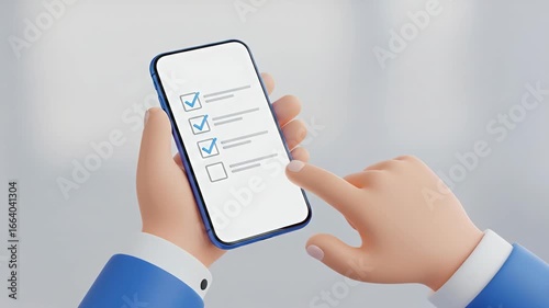 3D Hands Holding Smartphone with Checklist – Productivity, Task Management, To-Do List, Mobile App Illustration