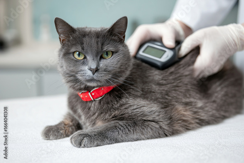 Gray cat with red collar being scanned by veterinarian for microchip identification during checkup at clinic