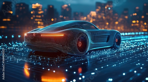 Holographic interface showing a 3D wireframe model of a concept sports car on a workbench. Concept for augmented reality in automotive engineering, EV battery development, and innovative R&D.	