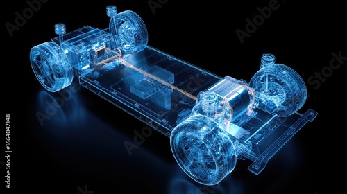 An X-ray Image of an Electric Vehicle Platform with a Blue Glow, Clearly Showing the Internal Battery Pack and Mechanical Structure, a High-tech Concept on a Black Background.