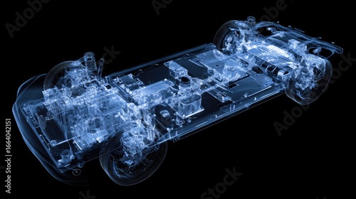 An X-ray Image of an Electric Vehicle Platform with a Blue Glow, Clearly Showing the Internal Battery Pack and Mechanical Structure, a High-tech Concept on a Black Background.