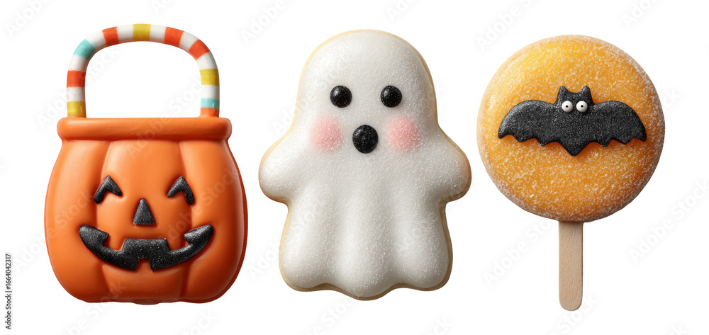 Fototapeta premium Halloween Treats Collection with Pumpkin, Ghost, and Bat Cookie Designs