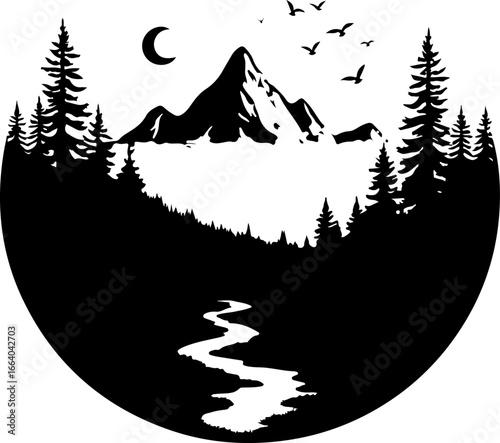 mountain landscape vector illustration, tree, winter, vector, illustration, holiday, snow, forest, celebration, star, tree, xmas, card, decoration, trees, season, fir, nature, landscape, design, new y