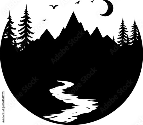 mountain landscape vector illustration, tree, winter, vector, illustration, holiday, snow, forest, celebration, star, tree, xmas, card, decoration, trees, season, fir, nature, landscape, design, new y
