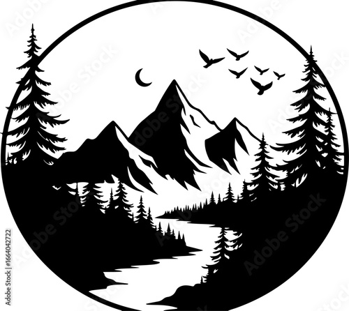 mountain landscape vector illustration, tree, winter, vector, illustration, holiday, snow, forest, celebration, star, tree, xmas, card, decoration, trees, season, fir, nature, landscape, design, new y