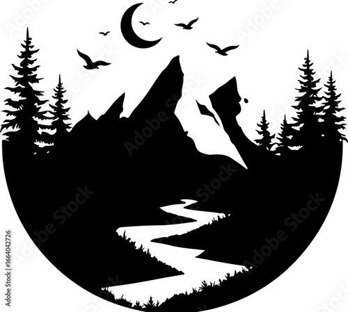 mountain landscape vector illustration, tree, winter, vector, illustration, holiday, snow, forest, celebration, star, tree, xmas, card, decoration, trees, season, fir, nature, landscape, design, new y