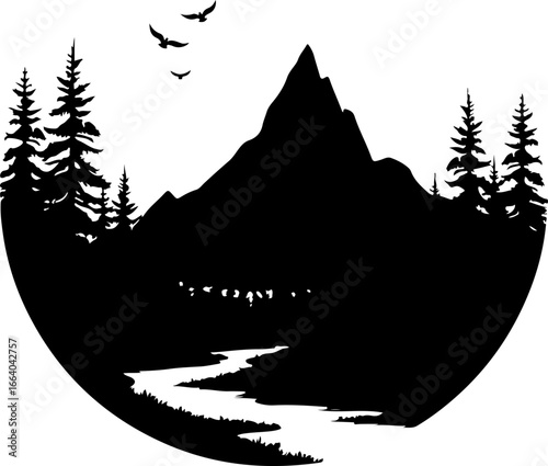 mountain landscape vector illustration, tree, winter, vector, illustration, holiday, snow, forest, celebration, star, tree, xmas, card, decoration, trees, season, fir, nature, landscape, design, new y
