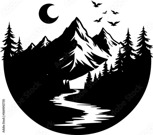 mountain landscape vector illustration, tree, winter, vector, illustration, holiday, snow, forest, celebration, star, tree, xmas, card, decoration, trees, season, fir, nature, landscape, design, new y