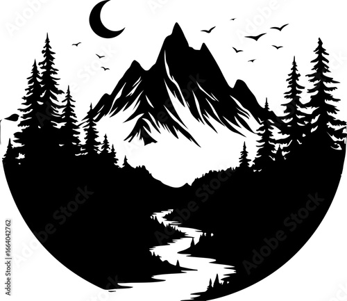mountain landscape vector illustration, tree, winter, vector, illustration, holiday, snow, forest, celebration, star, tree, xmas, card, decoration, trees, season, fir, nature, landscape, design, new y