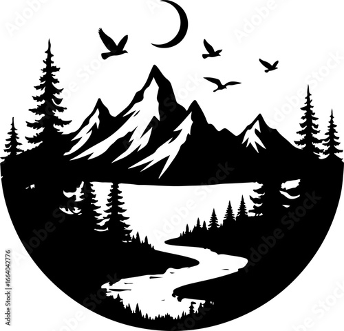 mountain landscape vector illustration, tree, winter, vector, illustration, holiday, snow, forest, celebration, star, tree, xmas, card, decoration, trees, season, fir, nature, landscape, design, new y
