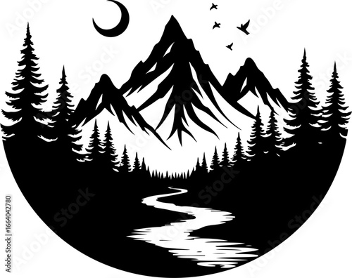 mountain landscape vector illustration, tree, winter, vector, illustration, holiday, snow, forest, celebration, star, tree, xmas, card, decoration, trees, season, fir, nature, landscape, design, new y