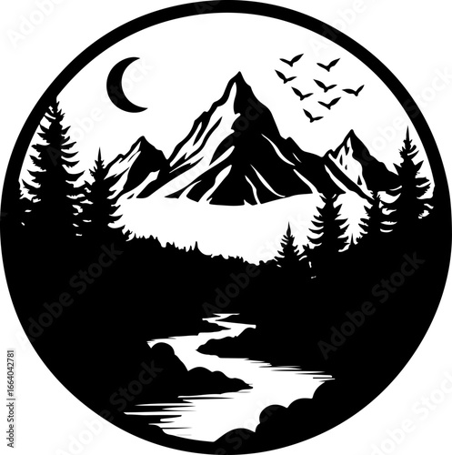 mountain landscape vector illustration, tree, winter, vector, illustration, holiday, snow, forest, celebration, star, tree, xmas, card, decoration, trees, season, fir, nature, landscape, design, new y