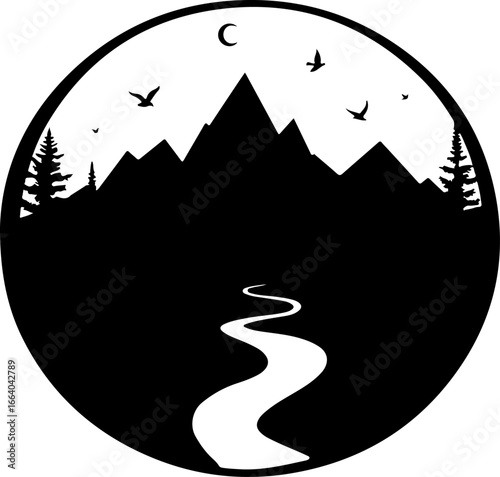 mountain landscape vector illustration, tree, winter, vector, illustration, holiday, snow, forest, celebration, star, tree, xmas, card, decoration, trees, season, fir, nature, landscape, design, new y