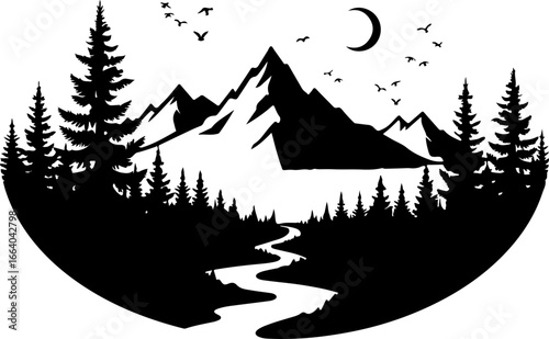 mountain landscape vector illustration, tree, winter, vector, illustration, holiday, snow, forest, celebration, star, tree, xmas, card, decoration, trees, season, fir, nature, landscape, design, new y