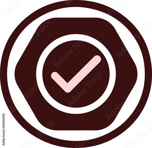 check mark inside hexagon shape symbolizing approval, confirmation and success vector illustration on white background