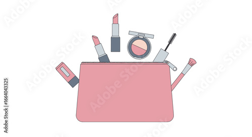 Elegant cosmetic bag with various beauty products and minimalistic outlined design style