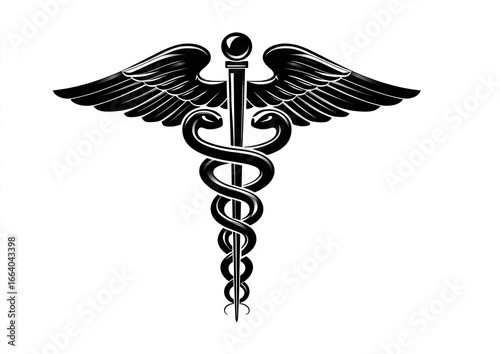 Black and white medical symbol, wings and serpent