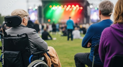 An elderly man in a wheelchair enjoys a vibrant outdoor concert, surrounded by a crowd of people watching the illuminated stage
