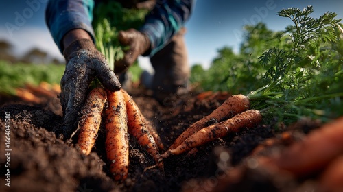 Harvesting fresh carrots from soil in vibrant fields agriculture process outdoor setting close-up perspective