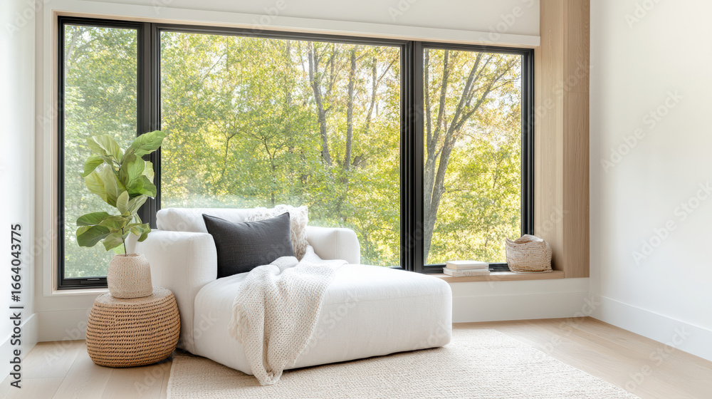 Fototapeta premium Cozy reading nook with comfortable chair, soft blanket, and natural light from large windows
