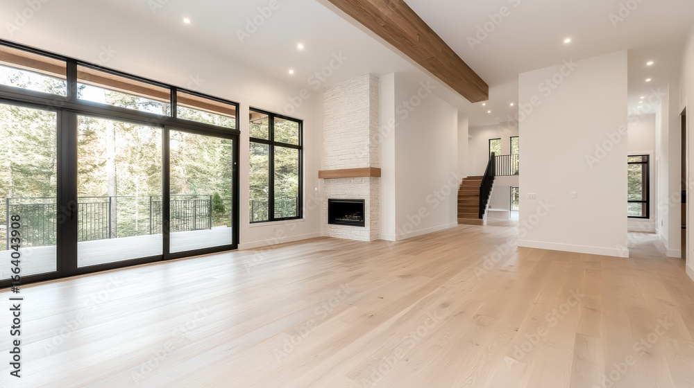 Obraz premium Spacious newly renovated living area with large windows, natural light, and modern design