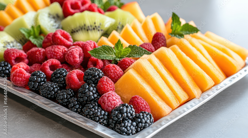 Fresh fruit platter with berries, melon, and mint garnishing, perfect for healthy snack Fresh fruit platter with berries, melon, and mint garnishing, perfect for healthy snack