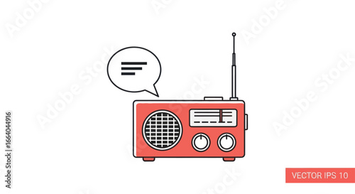 Retro radio with speech bubble, broadcasting communication and vintage technology illustration