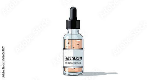 Vector illustration featuring a clear glass bottle with face serum and dropper isolated on a white