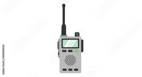 An illustration of a grey walkie-talkie with black antenna and green light, symbolizing modern