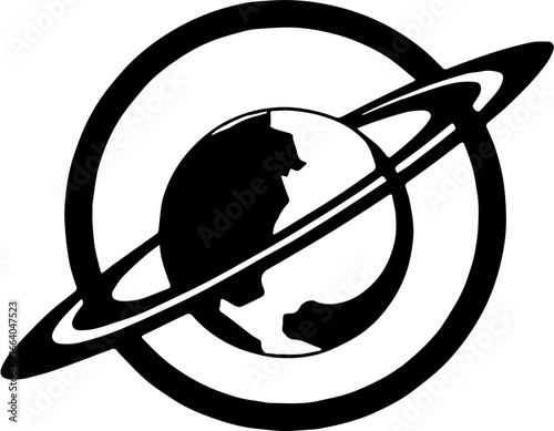 vector illustration of simple black silhouette of a planet with rings resembling Saturn, isolated on white