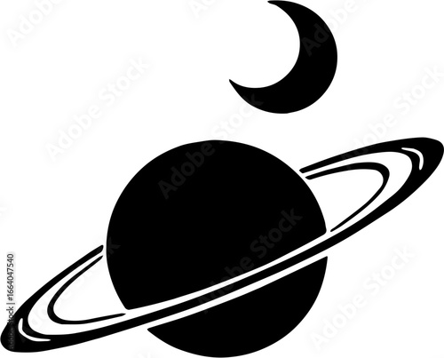 vector illustration of simple black silhouette of a planet with rings resembling Saturn, isolated on white