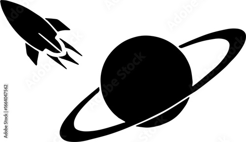 vector illustration of simple black silhouette of a planet with rings resembling Saturn, isolated on white