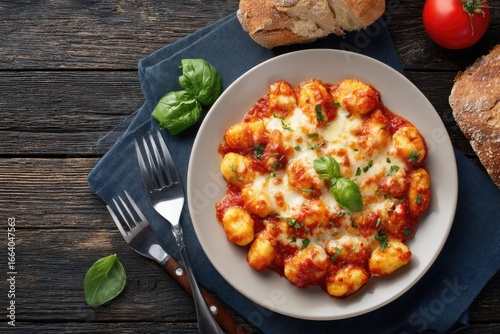 Creamy, cheesy gnocchi in a rich tomato sauce, garnished with fresh basil and melted mozzarella, served on a plate, with crusty bread and a ripe tomato in the background, on a dark wooden table