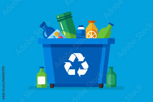 Blue recycling bin with cardboard boxes – waste management and eco-friendly concept illustration