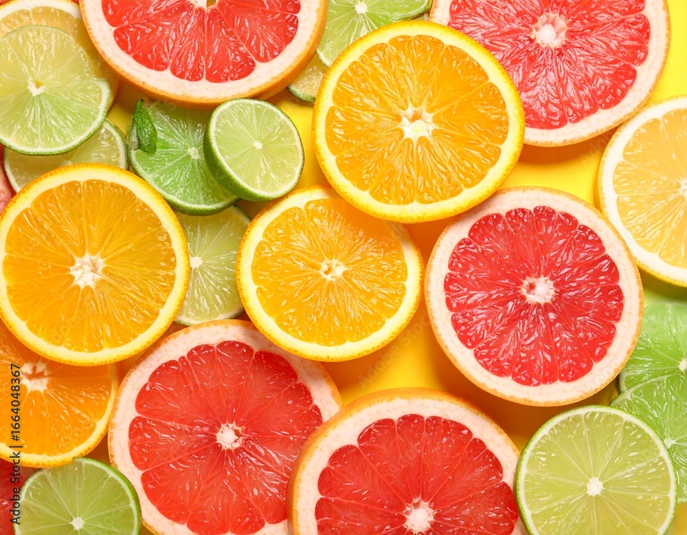 Fototapeta premium Sliced citrus fruits on vibrant background