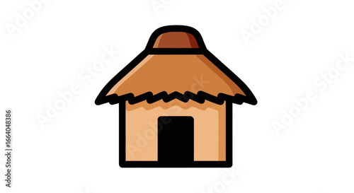 Isolated cartoon style thatch roof hut illustration set against a white background showcasing