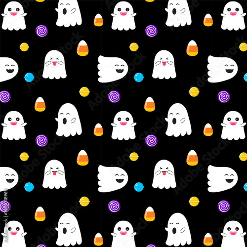 Happy halloween seamless pattern.Playful monsters repeat pattern with candy on black background.Cute funny little ghost, boo, spooky vector wallpaper.