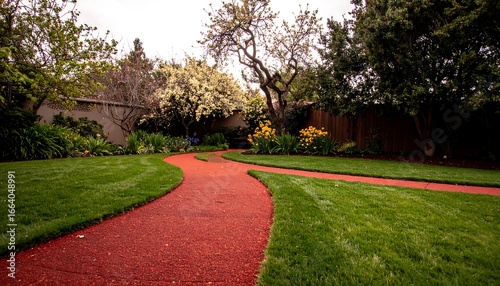 A winding pathway of reddish gravel meanders through a well-maintained garden, lined by lush greenery and flowering plants.