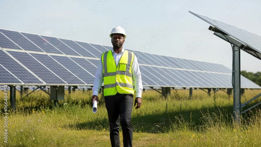 A black engineer in a highvisibility vest and hard hat walks through a field towards a large solar panel array, holding a blueprint A black engineer in a highvisibility vest and hard hat walks through a field towards a large solar panel array, holding a blueprint