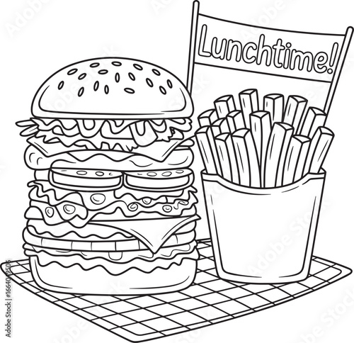 Giant Burger and French Fries Vector Illustration – Fast Food Lunchtime Design, burger, fast food, lunchtime
