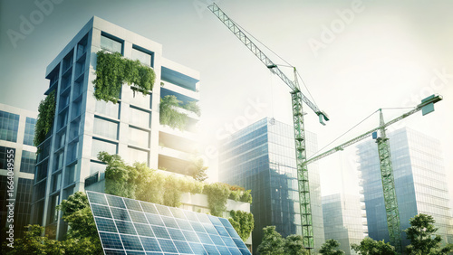 Eco friendly construction in contemporary metropolis concept. Modern construction site with green technology and solar panels.