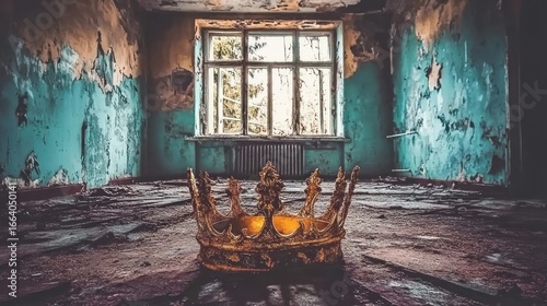 Lost Royalty: A Golden Crown in an Abandoned Room Reflecting Forgotten Power